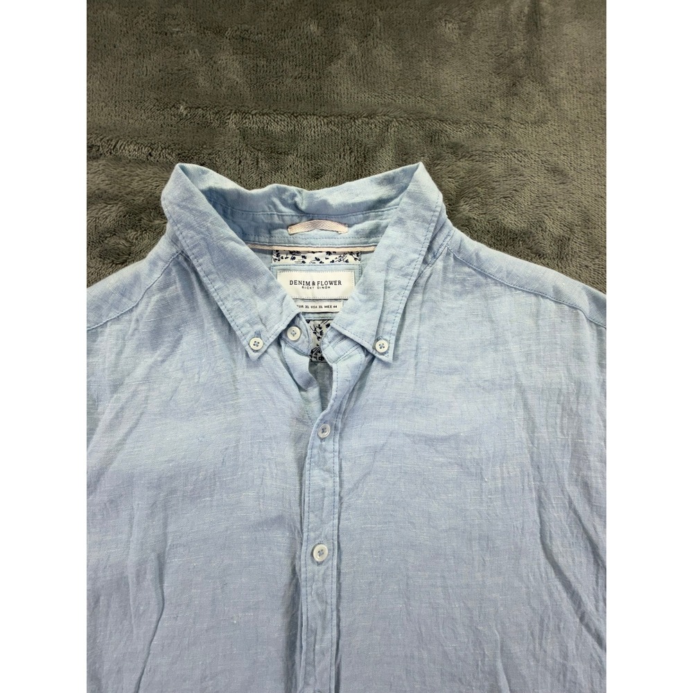 Denim & Flower Ricky Singh Mens XL Blue 100% Linen Short Sleeve Button Up Shirt